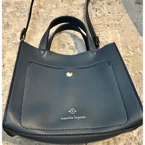 Nanette Lepore Slate Blue Small Satchel Crossbody Handbag Gold Hardware Pocket